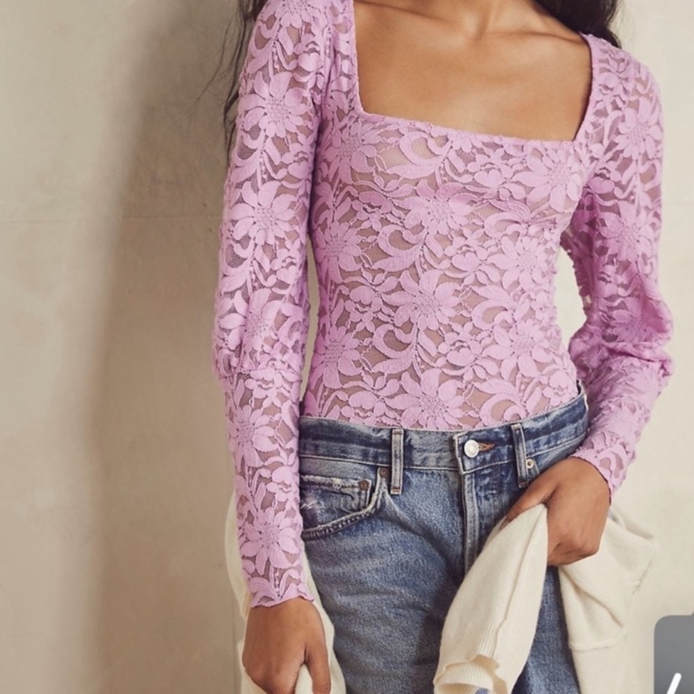 Revolve X Free People Long Distance Layering Long Sleeve Sheer Lace Top Pink NWT - Picture 2 of 8